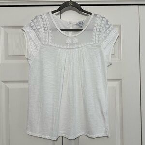 Lucky Brand Embroidered PintuckCotton Top Floral Embellished in White Large VGUC